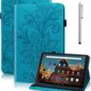 Case for Amazon Kindle Fire HD 10 9th/7th/5th Generation 10.1 Inch with Card Slots, Flower Pattern Embossed PU Leather Folio Wallet Stand Case for Fire HD 10 2019/2017/2015, Blue