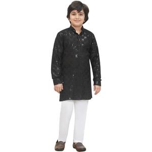 AJ DEZINES Kids Cotton Full Sleeve Sequined Chikankari Kurta Pajama Set for Boys - Indian Ethnic wear (6-7 Years, Black)
