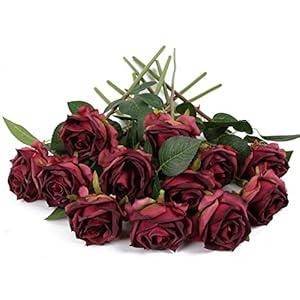 IPOPU Burgundy Roses Artificial Flowers 12PCS Roses Flowers Heads Dried Silk Flowers Burgundy Flowers Artificial for Decorations with Single Stems for Floral Arrangements Wedding Flower