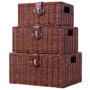 Set of 3 Woven Wicker Storage Basket Box with Lid & Lock, Built-in Carry Handles, Multifunctional Storage Organiser for Nursery, Baby, Clothes, Toys, Books, Large/Medium/Small Size (Natural)