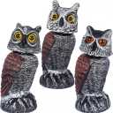 Hausse 3 Pack Bird Scarecrow Fake Horned Owl Decoy, Rotating Head Plastic Owl Bird Deterrents, Nature Enemy Horned Pest Repellent for Outdoor Garden