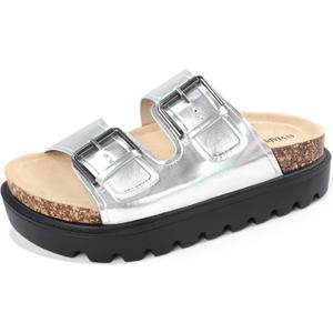 Chunky Platform Sandals for Women, Waterproof Non-Slip Rubber Sole, Adjustable Double Buckle, Arch Support Open Toe Slide Sandals, Comfortable Black Wedge Sandals for Women (9, Cork Silver)