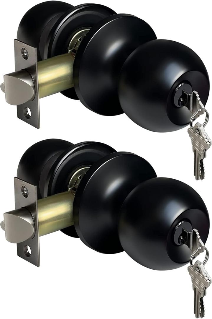 [2 Pack] BESTTEN Keyed Entry Door Knob, Entrance Door Lock, Keyed Different, Standard Ball, Matte Black