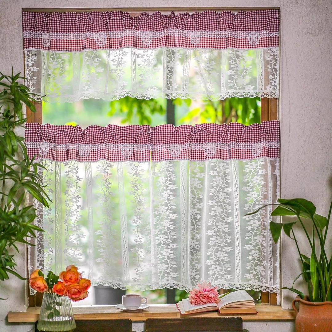 ARTMAGIC Red Plaid Kitchen Curtain Valance and Tiers Set Farmhouse Lace Sheer Curtains Set Short Window Rod Pocket for Kitchen Bedroom Bathroom Living Room(Red, 3pcs, 54"x18"+27"x24"x2)