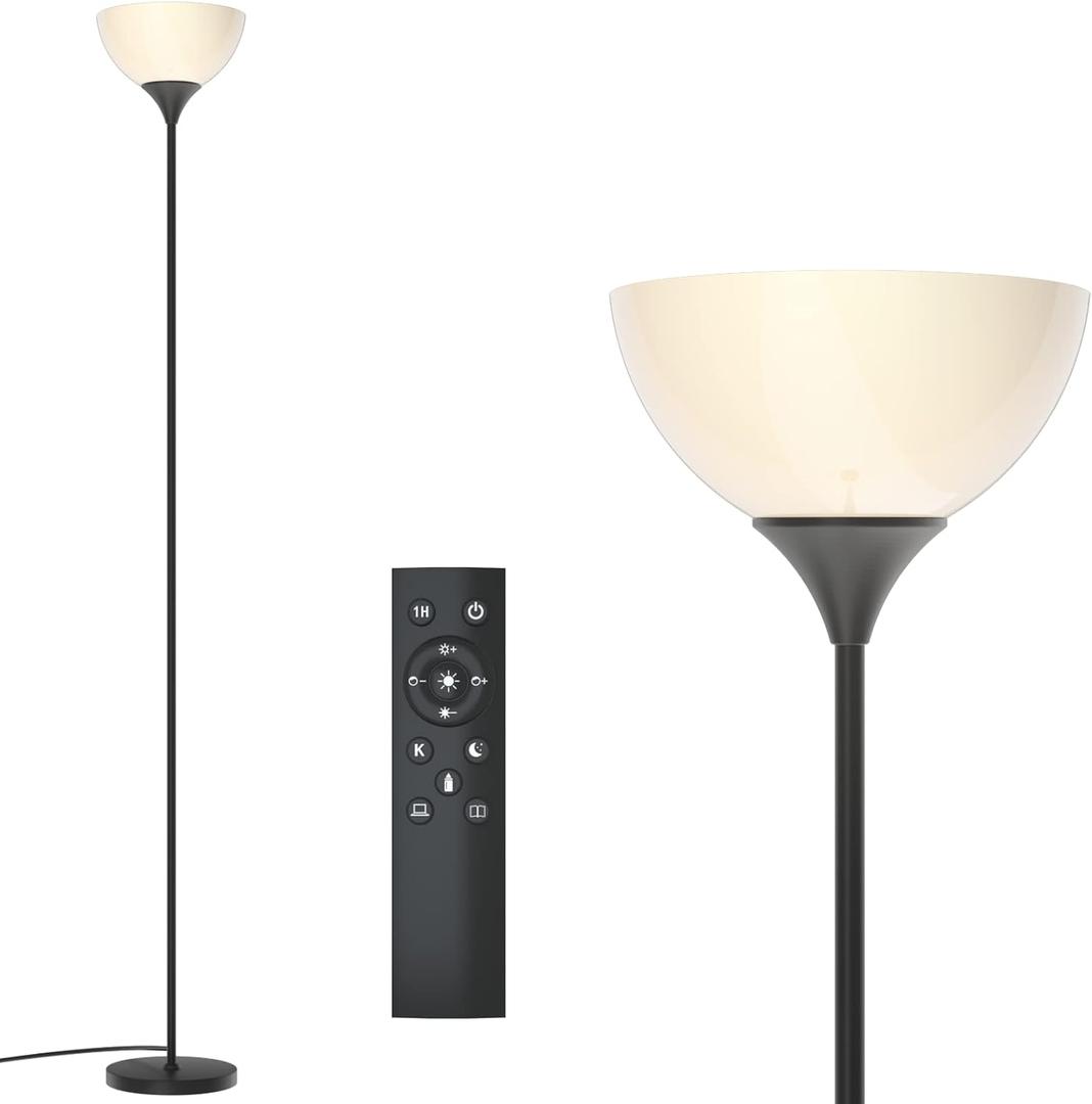 PESRAE Floor Lamp, Remote Control with Stpeless Color Temperatures and Brightness, Torchiere Lamp for Bedroom, Living Room, Bulb Included (Matte Black)