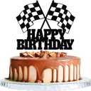 Race Car Cake Topper - Checkered Flag, Glitter, Happy Birthday Theme Cake Decor