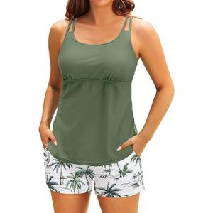 Tempt Me Two Piece Tankini Swimsuits for Women Tummy Control Bathing Suit with Shorts Athletic Two Side Pockets Swimwear, (Green Leaves, Large)