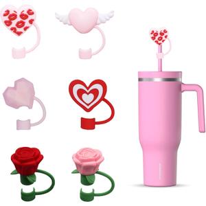 6 Pcs silicone straw covers with heart & rose design, reusable dust toppers for Stanley cups  perfect Mothers Day gift for mom, wife, sister, grandma, or stepmom.
