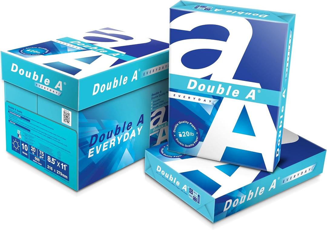 Double A Everyday Copy & Multipurpose Paper, Letter Size 8.5" x 11", Bright White, Smooth Finish for Inkjet & Laser Printers, AcidFree, HighQuality Color & Black/White Printing