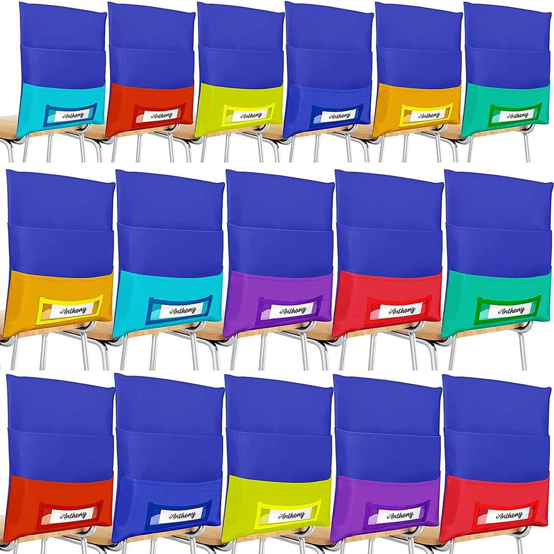 Maitys 16 Pieces Chair Pockets Classroom Student Chair Organizer 8 Colors Seat Storage with Name Tag Slot for School, Classroom, Home, Group Team Organizers for Kids, 16 x 19 Inch (Blue Background)
