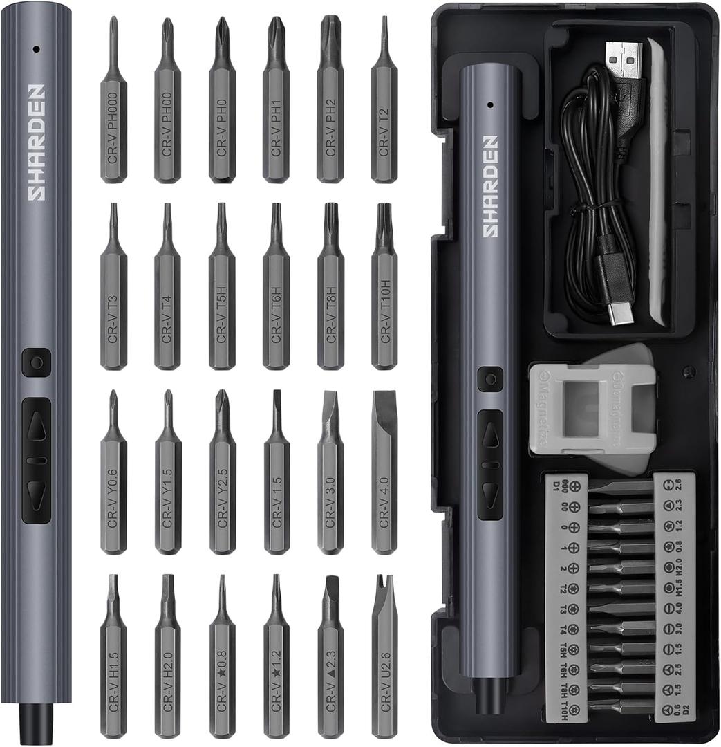 SHARDEN Mini Electric Screwdriver, 29 in 1 Small Electric Screw Driver Kit with 24 Magnetic Bits, Precision Cordless Repair Tool for Phone, Camera, Laptop, Watch