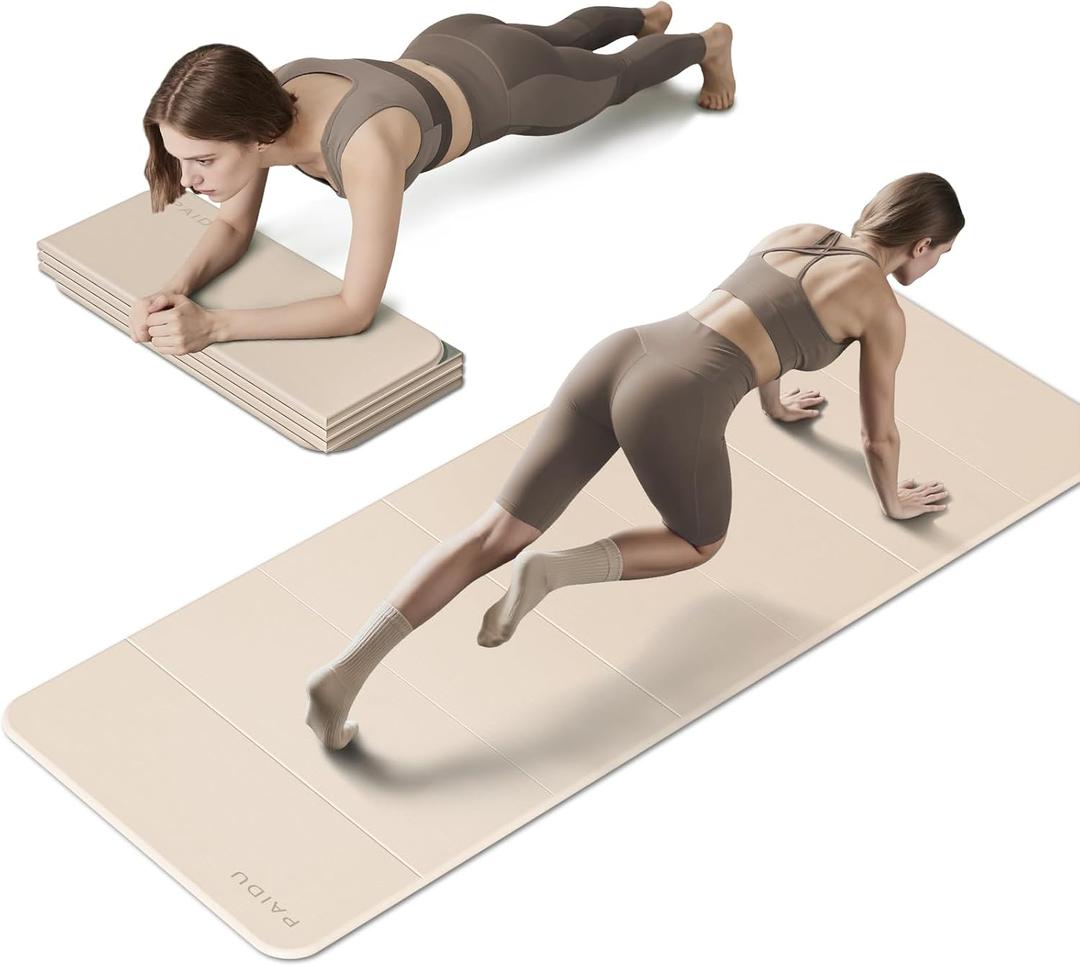 PAIDU Foldable Yoga Mat 10MM Thick SGS Certified TPE 75x26" Portable | Non-slip, extra thick & wide, foldable & portable. Ideal for yoga, Pilates & home gym workouts, Beige+Dark Gray