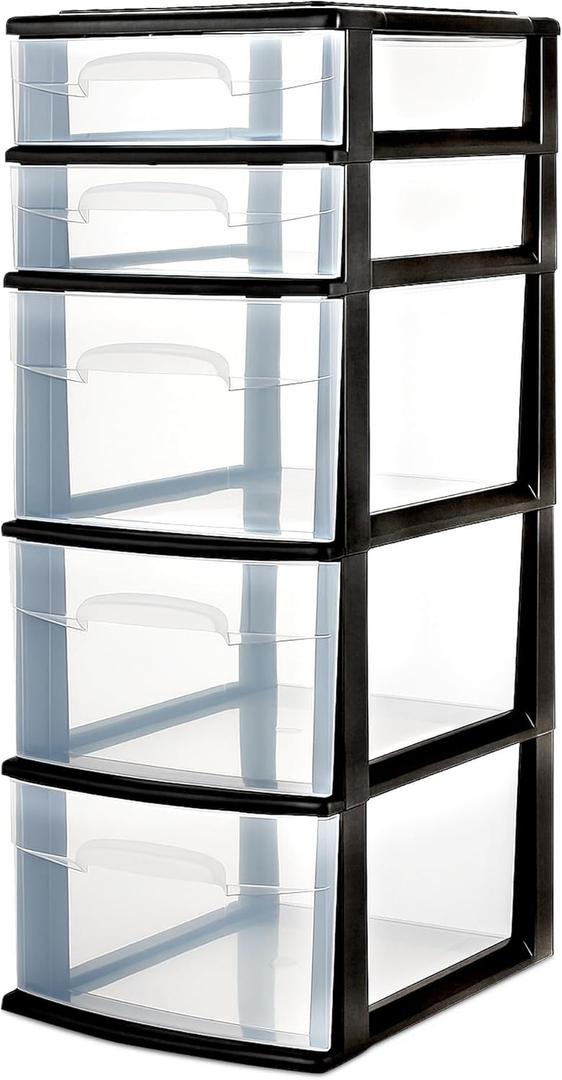 HOMZ Drawer Tower, 5-Tier Clear Plastic Storage Organizer Unit, Black Frame - Multi-Purpose Container Drawers for Bedroom, Bathroom, and Office Organization
