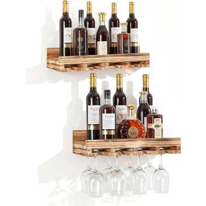 Wall Mounted Wine Rack, 2 PCS Wine Glass Rack Set, Rustic Farmhouse Floating Bar Shelves for Home, Bar, Kitchen, Living Room