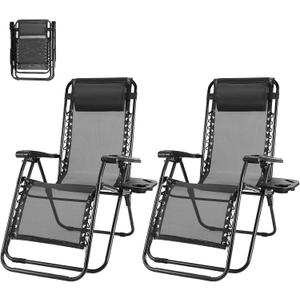 NEWBULIG Zero Gravity Chair Set of 2, Lounge Chair Folding Portable Adjustable Camping Reclining Chairs with Adjustable Pollow, Mesh Back, Cup Holder Trays Lawn Patio Chair for Pool Beach