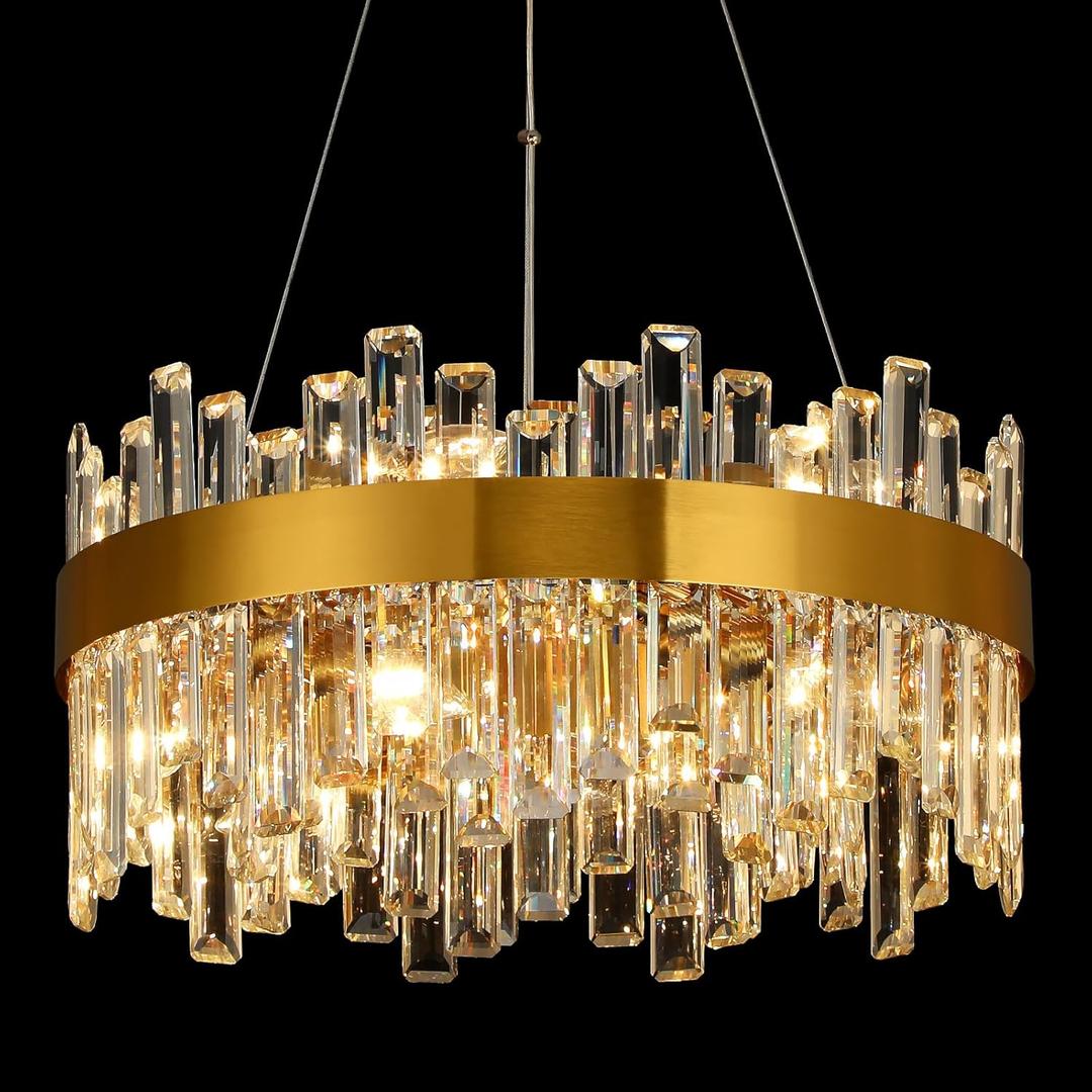 Crystal Chandeliers for Dining Room Lights Fixtures, 12 Lights Luxury Gold Modern Chandeliers for Bedroom, 2-Tier Round Crystal Lighting Fixtures for Living Room Entryway Kitchen Island D20 Inch (Brass)