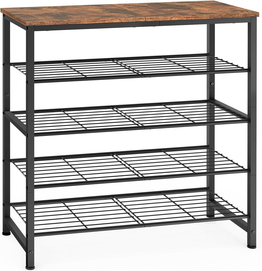 usikey 5-Tier Shoe Rack, Industrial Shoe Storage Organizer for 12-16 Pairs of Shoes, Metal Shoe Shelf with Wooden Top, Shoe Stand with 3 Metal Shelves for Entryway, Hallway, Closet, Rustic Brown (5 Tier ( 28.3 x 11 x 34 inches), Rustic Brown)