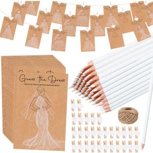 Sinload 50 Sets Guess the Dress Bridal Shower Games for Guests Wedding Shower Games Cards Water Soluble Pencils with Fun Heart Wooden Clip and 1 String Rope Wedding Party Supplies Games Ideas