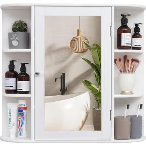 Iwell Bathroom Medicine Cabinet with Mirror, Bathroom Wall Cabinet with 2 Adjustable Shelves & 6 Open Shelves, Medicine Cabinet Organizer, Bathroom Cabinet Wall Mounted, White, 26L*6.3W*25.2H