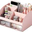 COMFYROOM Desk Organizer with 6 Compartments and 2 Drawers, Plastic Makeup Organizer, Pen Holder for Desktop Storage, Desk Organization for School, Home, Office Supplies (Pink)