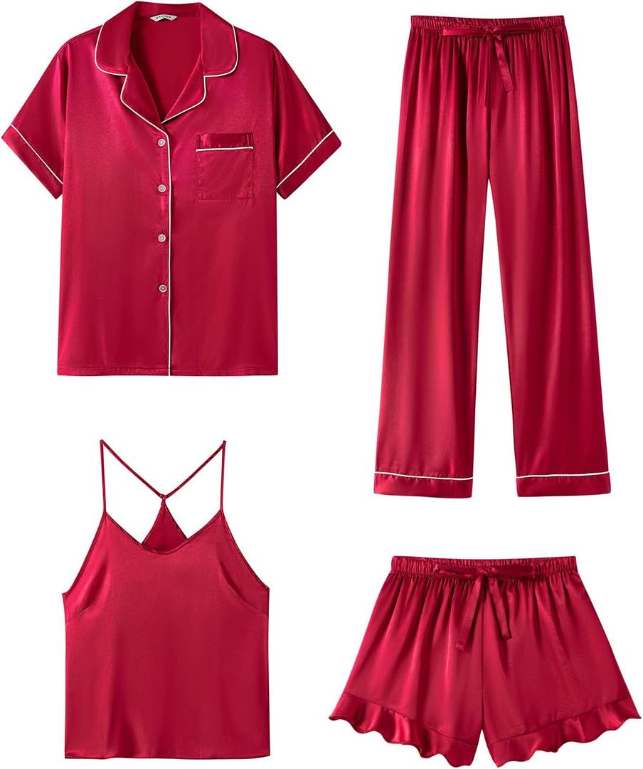 SAPJON Silk Pajamas for Women Set 4Pcs Ruffled Satin Pajamas Set Button Down Short Sleeve Cami Shorts Sleepwear Pj Set (Large, Wine Red)