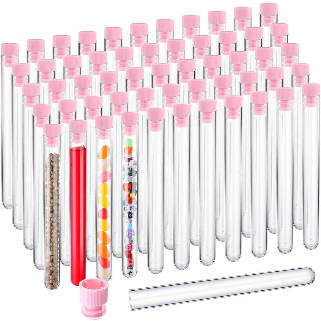 Hoteam 100 Pcs Plastic Test Tubes with Caps, 25ml Clear Test Tubes for Plant, Mini Wine Glass, Christmas Gift Install Beads Candy Seed Powder Spice Liquid Scientific Experiments(150 x 16 mm,Pink Lid)