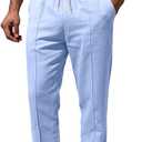 Mens Linen Pants Casual Beach Yoga Pants Elastic Waist Drawstring Straight Leg Loose Lightweight Trousers with Pockets (Blue, XXL)