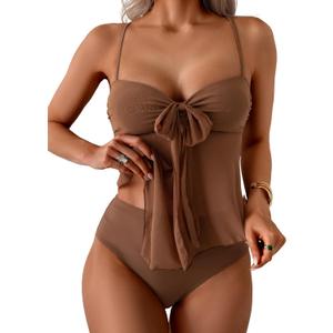 B2prity Womens Mesh Tankini Swimsuits Flowy Two Piece Bathing Suit V Neck Tie Knot Swim Top with High Waisted Bottom (XX-Large, Brown)