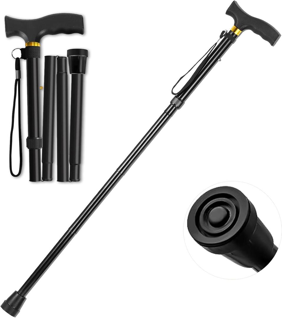 Walking Cane ANCKNE Cane for Woman | Lightweight, 5-Level Height Adjustable and Aluminum Folding Canes for Seniors | Ergonomic Wheeled Handle | Portable Walking Stick Collapsible Cane (Absolute Black)