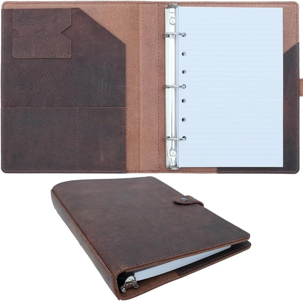 Fan&Ran Lined Leather Journal, 100 Sheets of College Ruled Paper 5.5"x8.5", 1" 3-Ring Mini Binder, Interior Pockets, Refillable