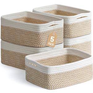 5 Pack Small Woven Storage Baskets for Shelves, Cotton Rope Baskets Organizer for Bathroom, Closet & Nursery, Decorative Storage Bins for Organizing Socks, Toys, 11.8"x7.9"x4.7", Khaki/White