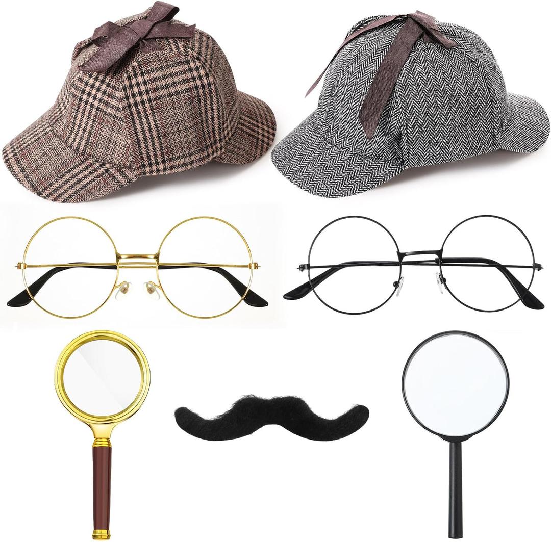Jeyiour 8 pcs Detective Costume Accessories for Adults Men Women Detective Hat Kit Outfit Party Decor (Beige)