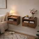 Floating Nightstand Set of 2, Wall Mounted Bedside Tables with Drawer, Open Shelf and Raised Edges, 15.8 Inch Wide, Engineered Wood, Rustic Walnut Finish