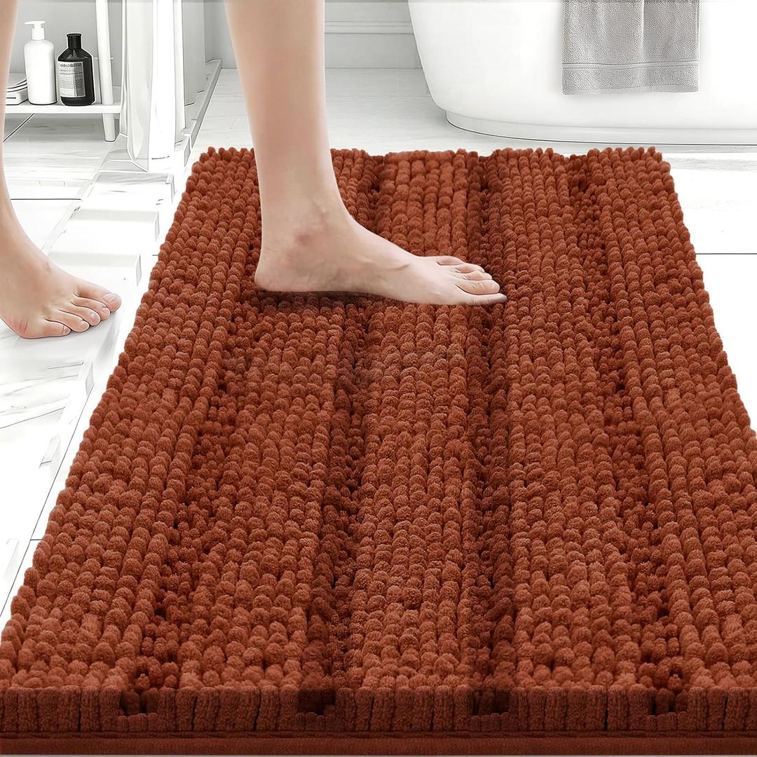 Bcoimo 24"17" Chenille Bath Mat  Non-Slip with Backing Bath Rug Ultra-Absorbent and Machine Washable Bathroom Mat Quick-Dry Design. Ideal for Bathroom and Tub Areas (Burnt Orange)