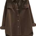 Verdusa Women's Button Down Casual Long Sleeve Shirts Ribbed Flap Pocket Lightweight T Shirts (Large, Brown)