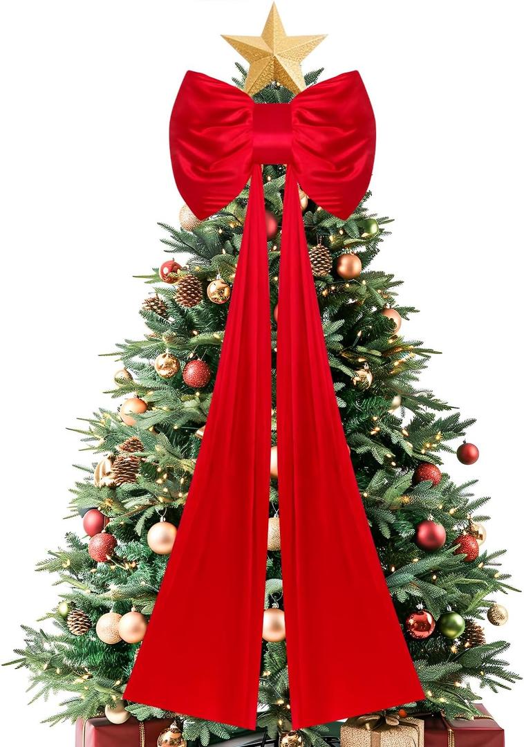Christmas Tree Topper Bow, 59.06x19.69 Inch Giant Bow with Long Streamers, Red Bows Christmas Decorations for Xmas Tree Holiday Party Wedding Arch(Satin)