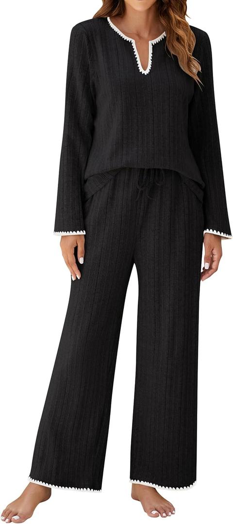 Blooming Jelly Womens 2 Piece Pajama Sets Fall Ribbed Color Block Lounge Set Fleece Long Sleeve Pj Sleepwear Pockets (Medium, Black)