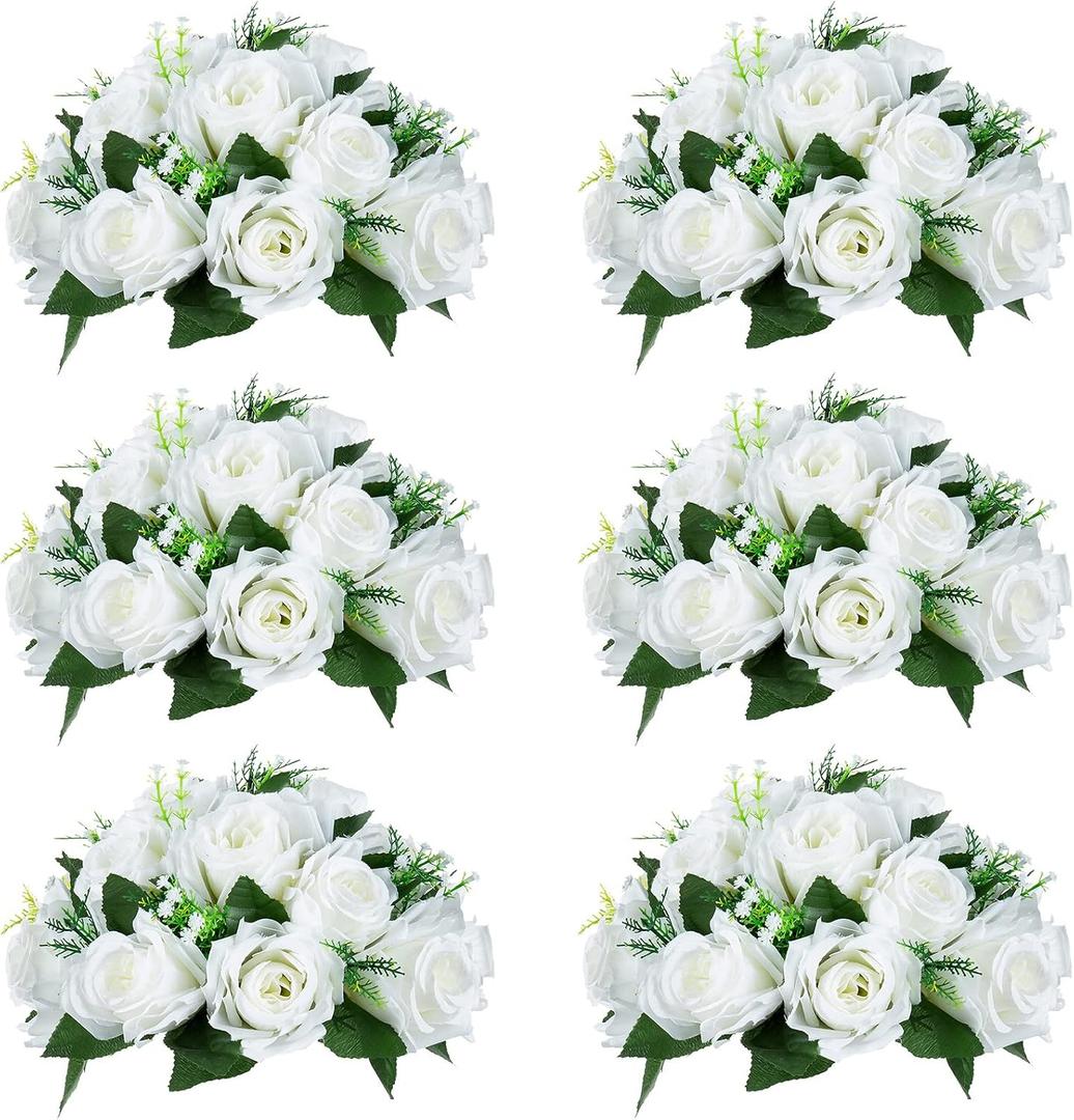 NUPTIO White Flower Centerpieces for Tables: 6 Pcs Artificial Flower Ball Arrangement for Wedding Party - 9.5 Inch Diameter Fake Floral Rose for Bridal Shower Decorations