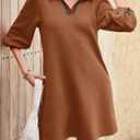 Wenrine Womens 3/4 Sleeve Mini Dress Casual V Neck Collared Textured Loose Fall A Line Argyle Dresses with Pockets (Brown)