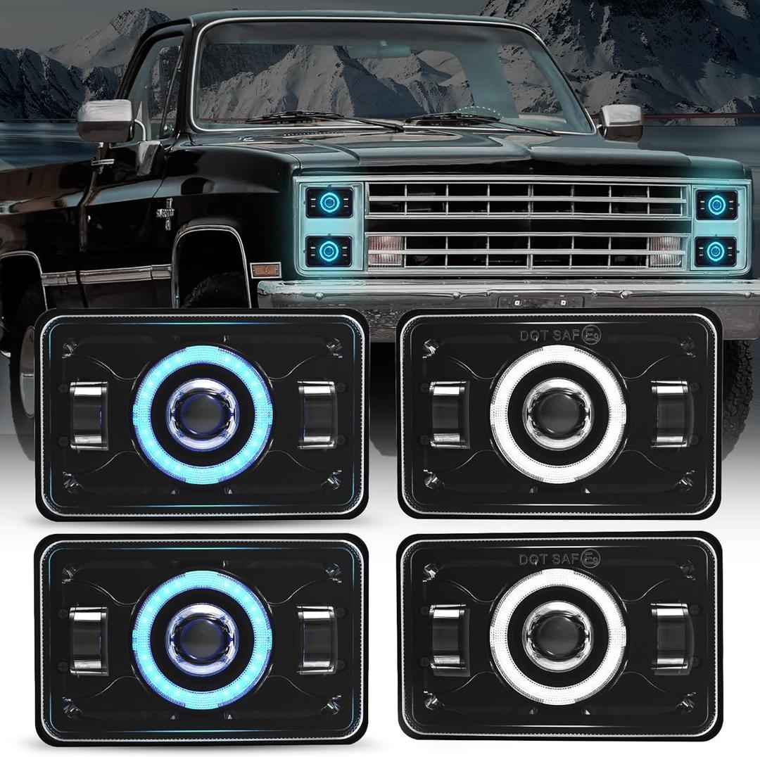 4x6 LED Headlights DOT Approved with Blue DRL Amber Turn Signal Halo Compatible for 1986 Che-vrolet CK 10 Rectangular H4656 H4651 H4642 H4652 Peterbilt 357 378 379 XR400 XR250 XR650