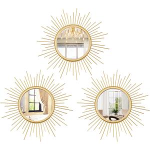 Cityelf 3 Set Gold Sunburst Mirrors for Wall Decorative Metal Mirrors Small Mirror Sets Decor Hanging Mirror Wall Sculpture for Bedroom Living Room Entryway (12 inch)