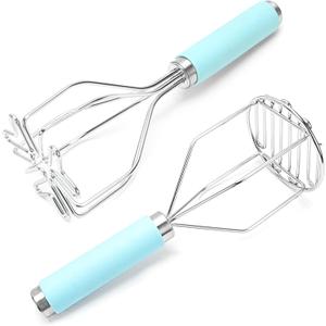 2 PCS Potato Masher Stainless Steel Set, Heavy Duty Food Masher with Silicone Handle, 10in Professional Ricer for Smooth Mashed Potatoes, Dishwasher Safe