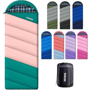Cotton Flannel Lined Sleeping Bag for Adults Teens Kids, Cold Weather & Warm, 3 Seasons, Lightweight Compact Camping Essentials Equipment, Hiking, Outdoor, Travel (Green Pink)