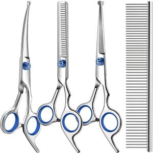 Professional 4 In 1 Dog & Cat Grooming Scissors Kit with Safety Round Tips,Sharp & Durable,Dog Shears for Grooming - Includes Straight, Curved, Thinning Scissors and Comb - Premium Pet Supplies