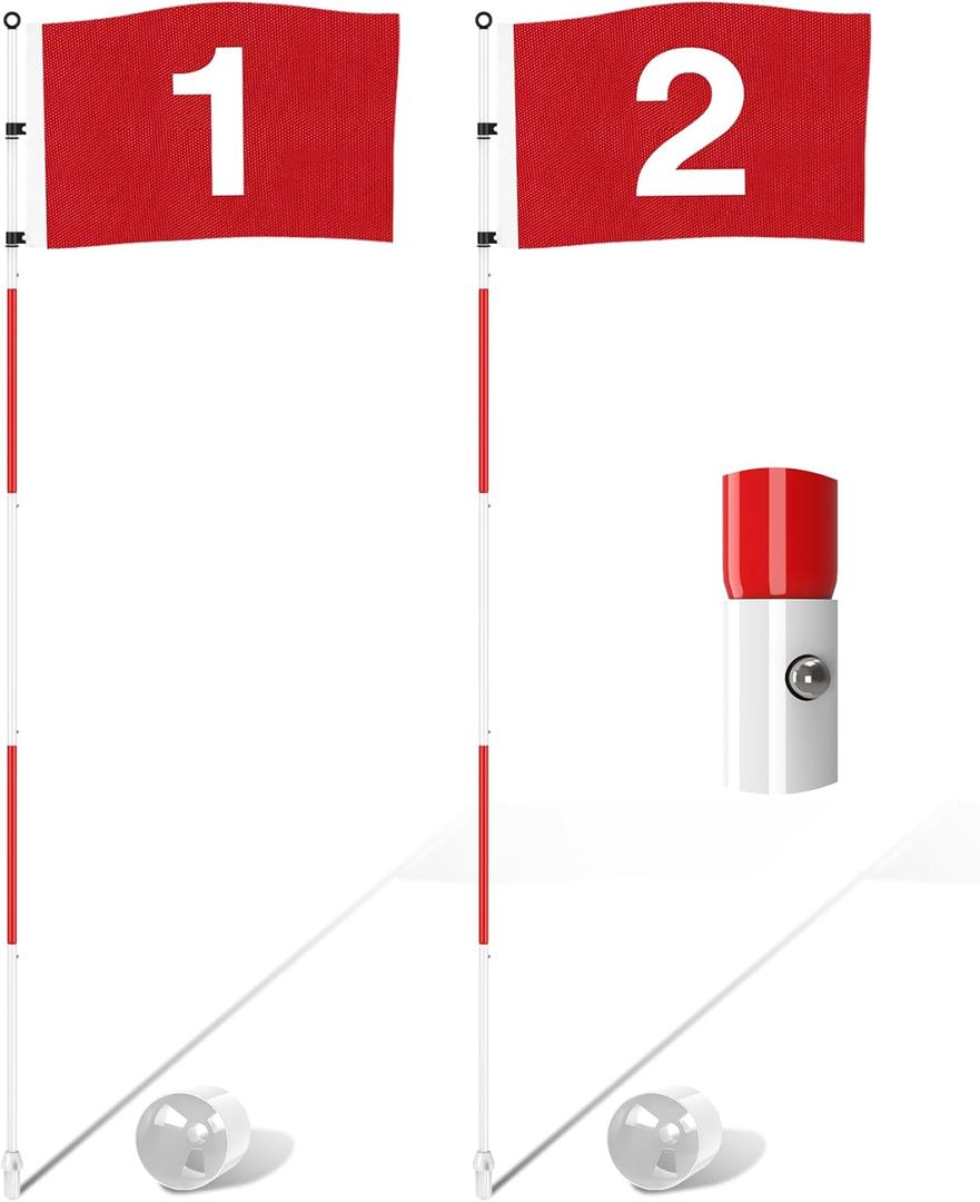 KINGTOP Golf Flagstick 6ft, Portable Five-Section Design for Backyard Practice Putting Green, Driving Range Golf Pin Flag Hole Cup Set, Gift Idea (Version2- Red Flag#1,2, 2-Pack)