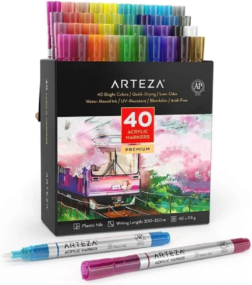 Arteza Acrylic Paint Markers, Set of 40 Acrylic Paint Pens in Assorted Colors, Art & Craft Supplies for Glass, Pottery, Ceramic, Rock, Canvas Painting (1 Count (Pack of 40), Multicolor)