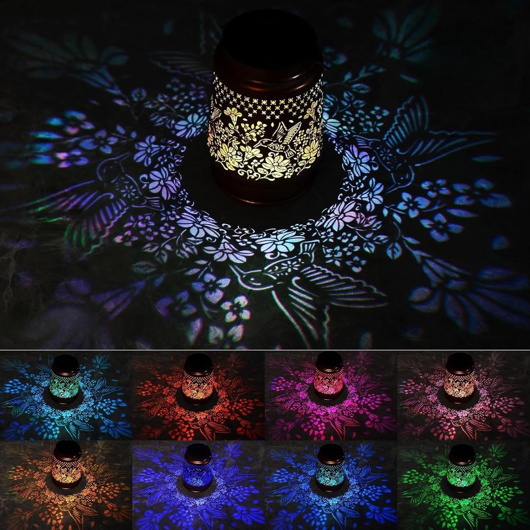 Hummingbird Solar Colorful Lanterns Outdoor Waterproof Hanging, Automatic Color Changing Light, Metal Decor Lanterns for Garden Patio Yard Lawn Backyard, Gifts for Women Mom Grandma