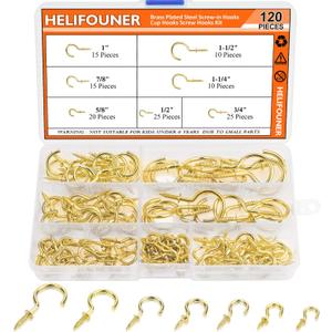 120 Pieces 7 Sizes Cup Screw Hooks, Gold Color, Screw-in Hooks, Ceiling Hooks, Self-Tapping Screws Hooks, Hanging Hooks, Screw Hooks Kit (1/2", 5/8", 3/4", 7/8", 1'', 1-1/4", 1-1/2")