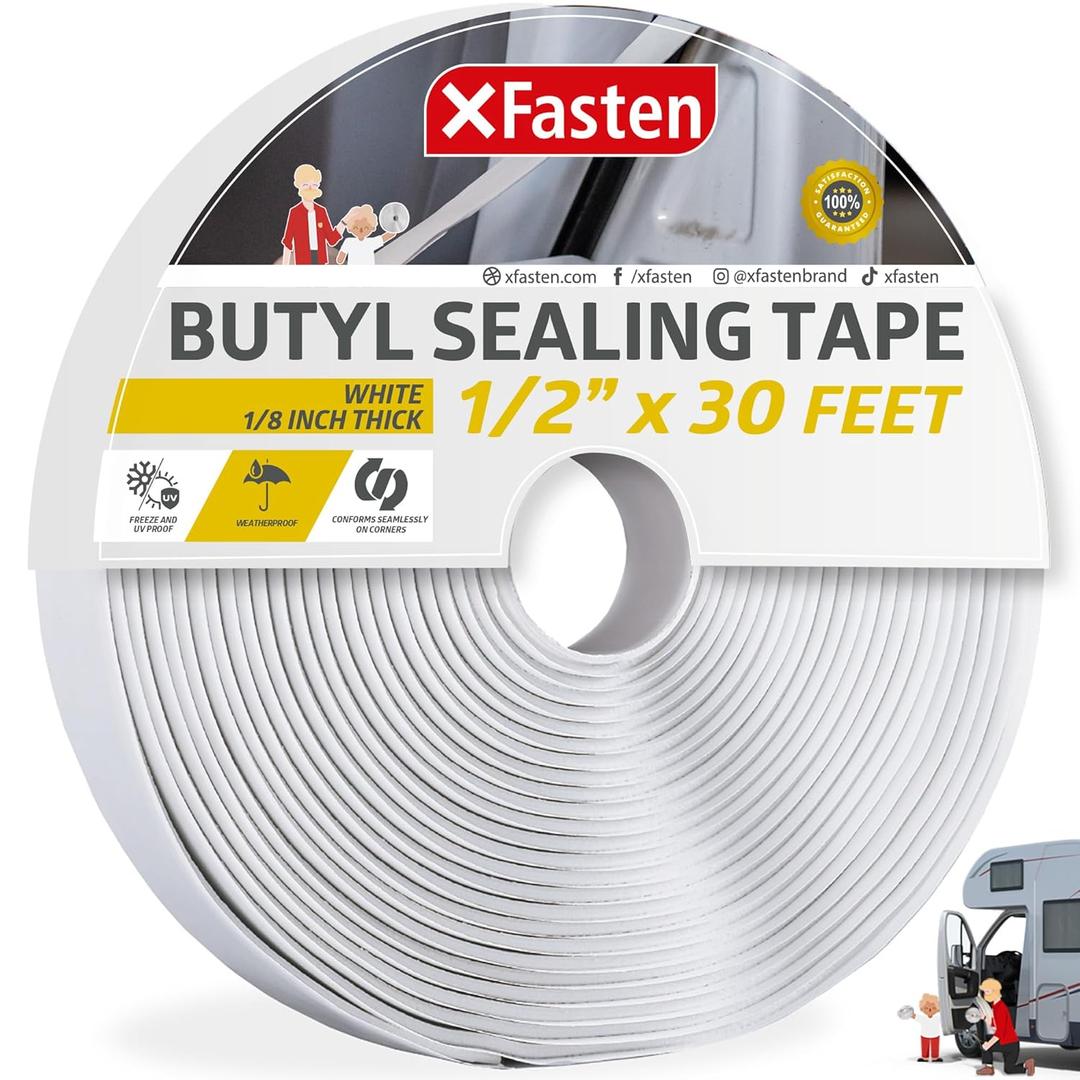 XFasten Butyl Tape White, 1/2 in x 30 ft x 1/8 in  Easy-to-Work-with Automotive Butyl Sealant Tape, Mess-Free Rubber Caulk for RV, EPDM Putty for Window, Headlight, Roof, Windshield, and Car Doors