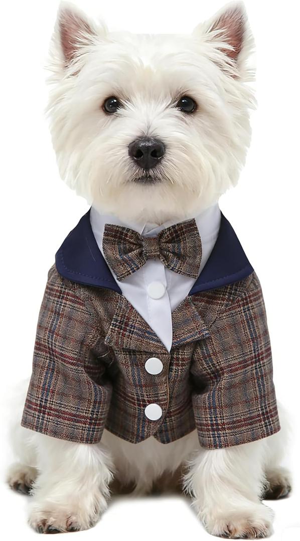GabeFish Pets Wedding Jackets Suit for Dogs with Bow Tie Puppy Cat Formal Clothes Shirt Tuxedo (Brown, XL (Chest 18.8in/48cm))
